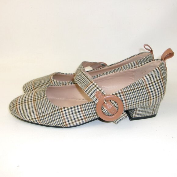 Neutral Tan Black & Green Houndstooth Check‎ Plaid Mary Jane Pump Shoes 6.5 - Picture 3 of 6